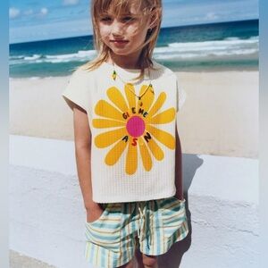 Zara Girls White Top with Yellow Flower Graphic Tee Sun Emroidered
